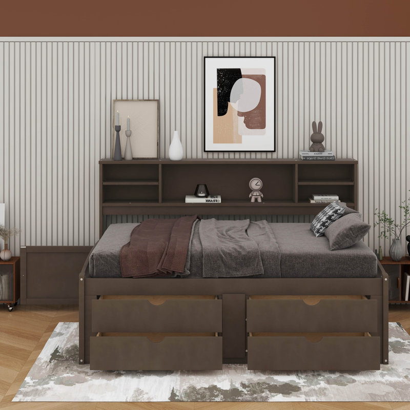 Lit de jour double en bois avec 2 armoires de chevet, tablettes et tiroirs, Brun antique