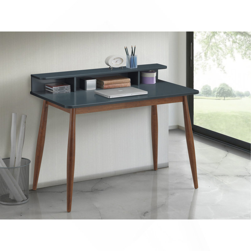 Mid-Century Modern Wood Writing Desk With Hutch, Grey