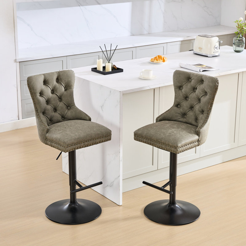 Hauteur réglable moderne, revêtement en cuir PU avec dossier confortable, couleur olive, 2 hauteurs, îlot de cuisine/bar/bar (2 places).