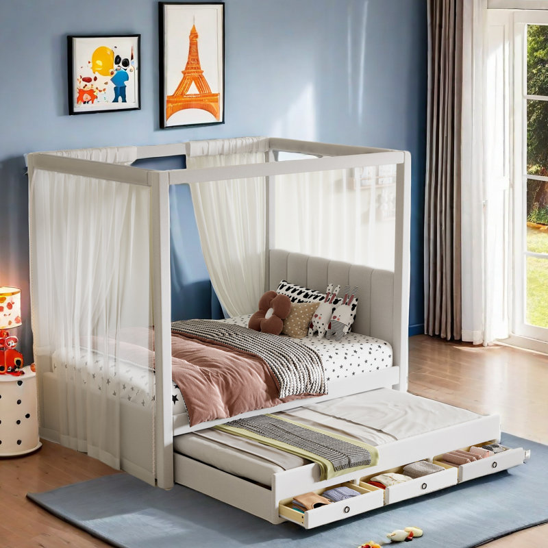 Ernie Upholstered Canopy Storage Bed, Twin, Beige