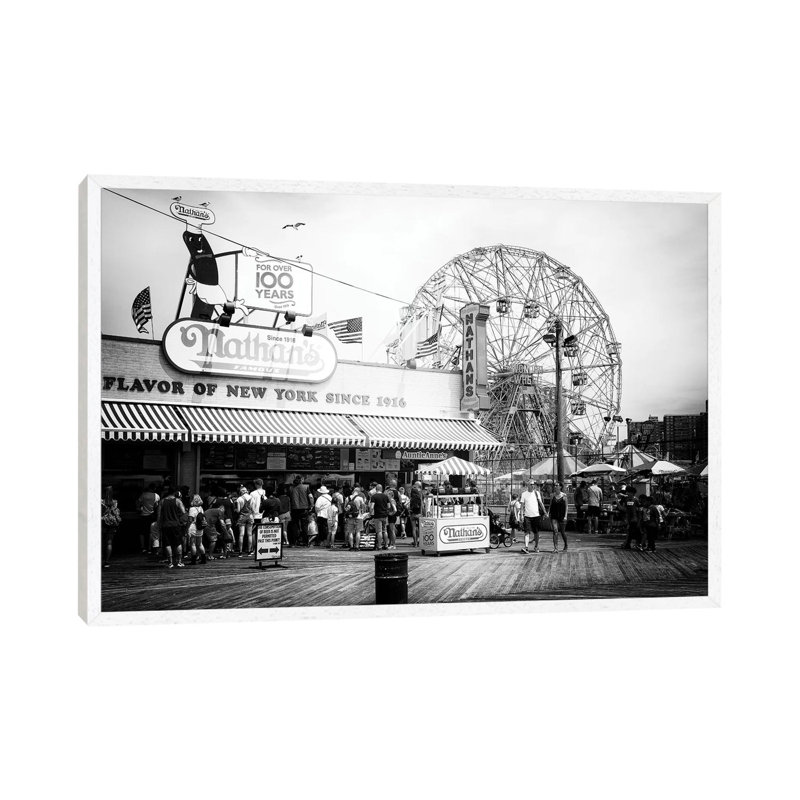 Boardwalk Coney Island by Philippe Hugonnard - Print on Canvas, White Floater Framed, 45.72cm H x 66.04cm W x 3.81cm D