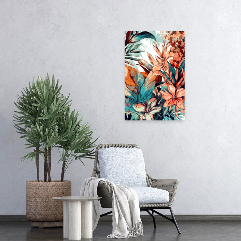 Impression sur toile orange, bleu sarcelle, fleurs tropicales, fleurs abstraites, H 24 po x l 16 po