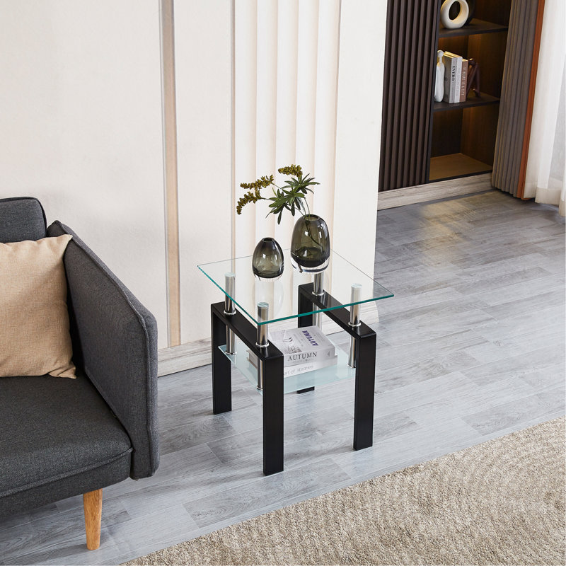Table de bout en verre trempé transparent, petite table à 2 niveaux avec rangement, table d'appoint de salon