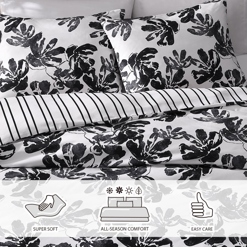 Black and White Floral Microfiber Full/Queen Duvet Cover Set