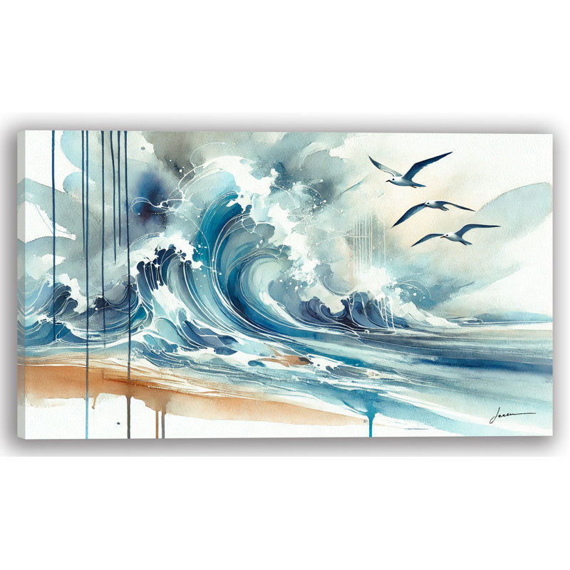 «Majestic Waves and Seagulls», reproduction d'art sur toile, H 24 po x l 42 po