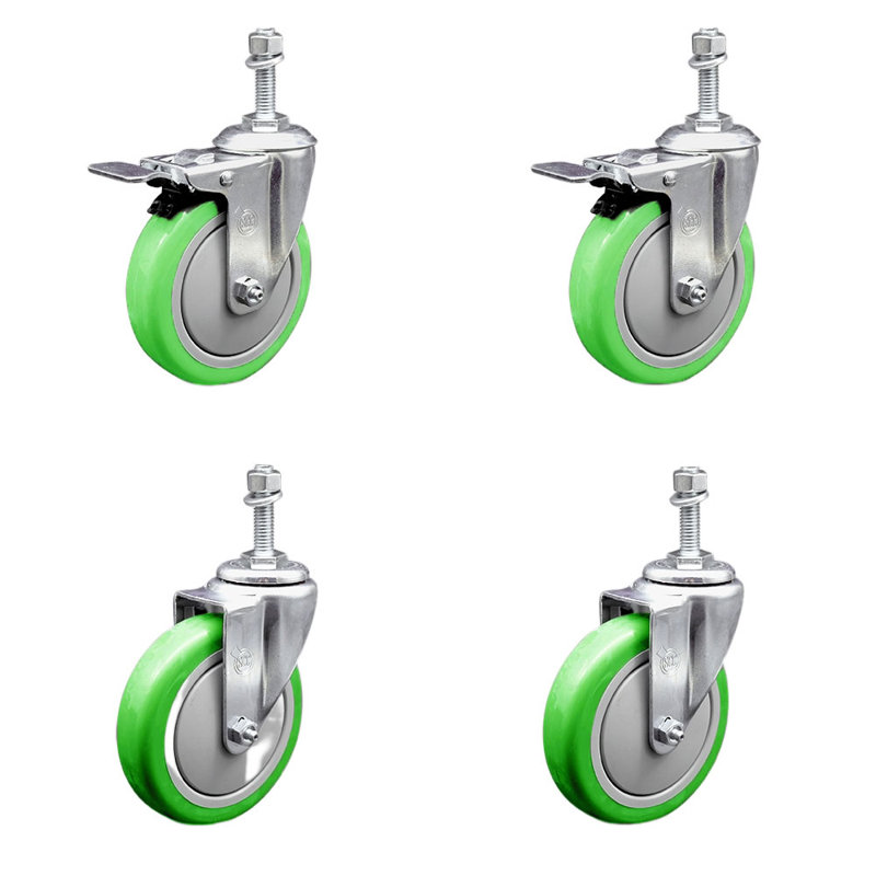 Ensemble de roulettes à tige filetée en polyuréthane vert de 5 pouces, 3/8 pouce