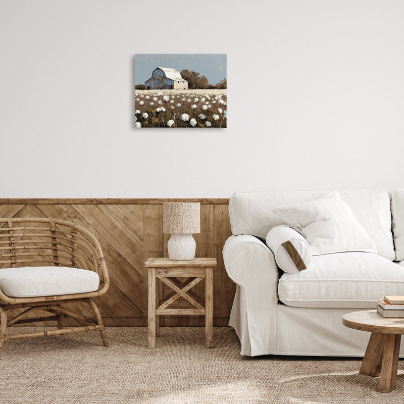 Illustration de toile de grange dans un champ de coton, design par Arlington Prints, H 16 po x l 20 po