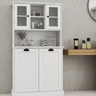 Armoire de rangement pour panier à linge tendance - blanc avec cadre stable à deux compartiments et conception fonctionnelle