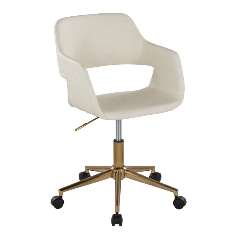 Shai 34.5'' H Faux Leather and Steel Upholstered Swivel Task Office Chair, Gold, Cream