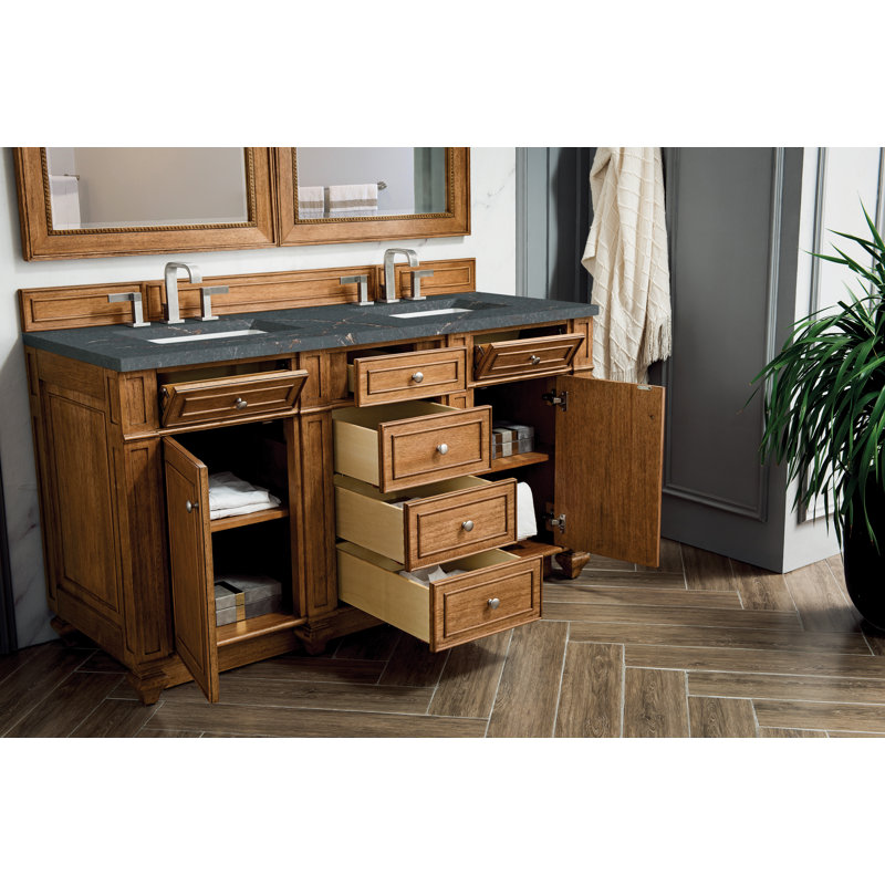 Meuble-lavabo double 60 po Bristol avec chargeur sans fil FreePower, Brun selle, Bleu Parisien