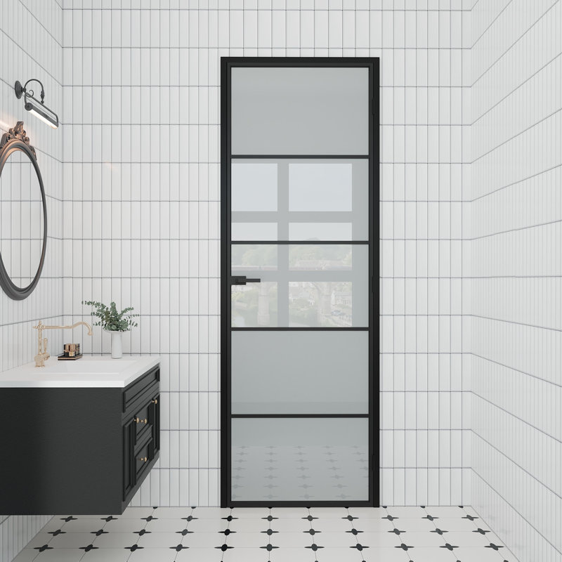 Panneau de porte intérieur en verre givré Aluminun 5-Lite avec cadre et bouton Aluminun, Gauche, H 80 po x l 30 po