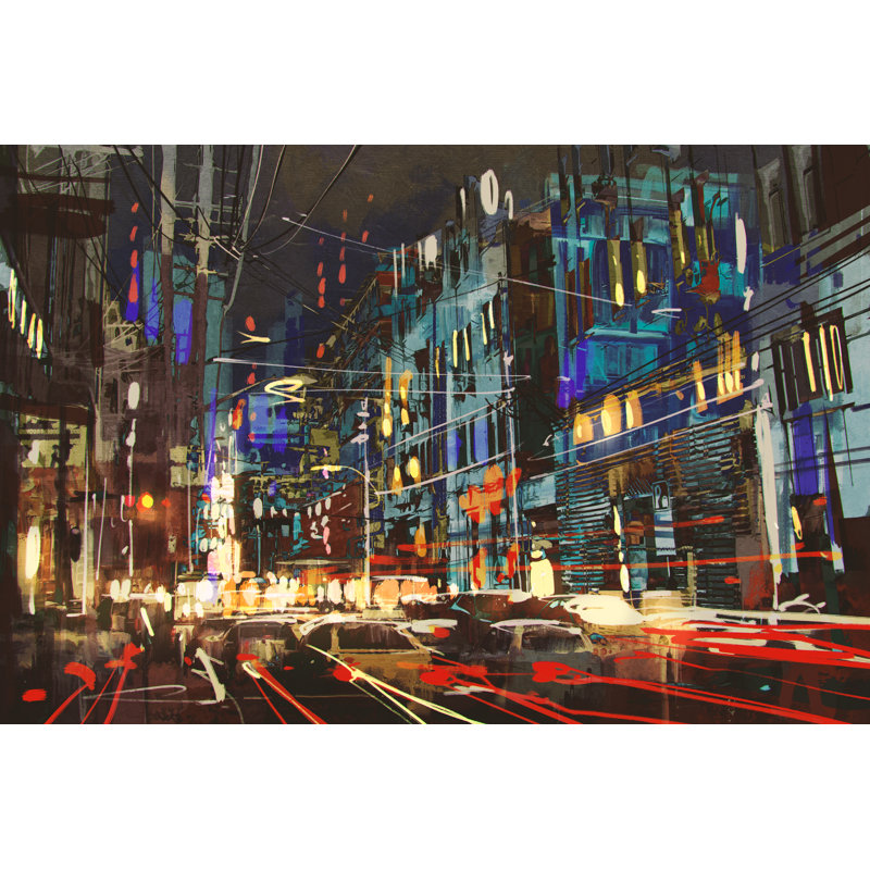 Digital Painting Of City Street At Night With Colorful Lights by Lukbar - Wrapped Canvas Print, 30cm H x 46cm W x 3.8cm D