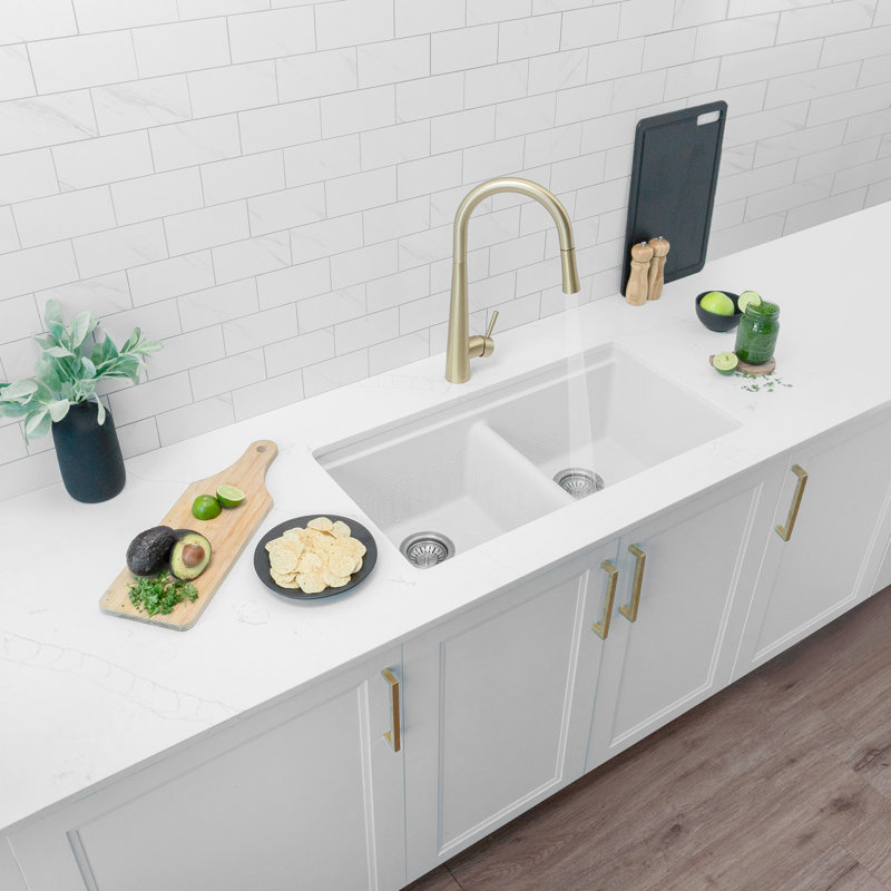 33 in. x 18 in. Granite Composite, White 50/50 Double Bowl Undermount or Drop-In Kitchen Sink with Build-in Accessories