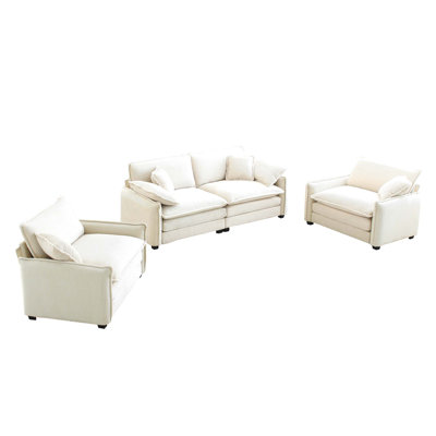 Beige Corduroy 4-Piece Living Room Sofa Set | 2-Seater + Two Single Accent Chairs