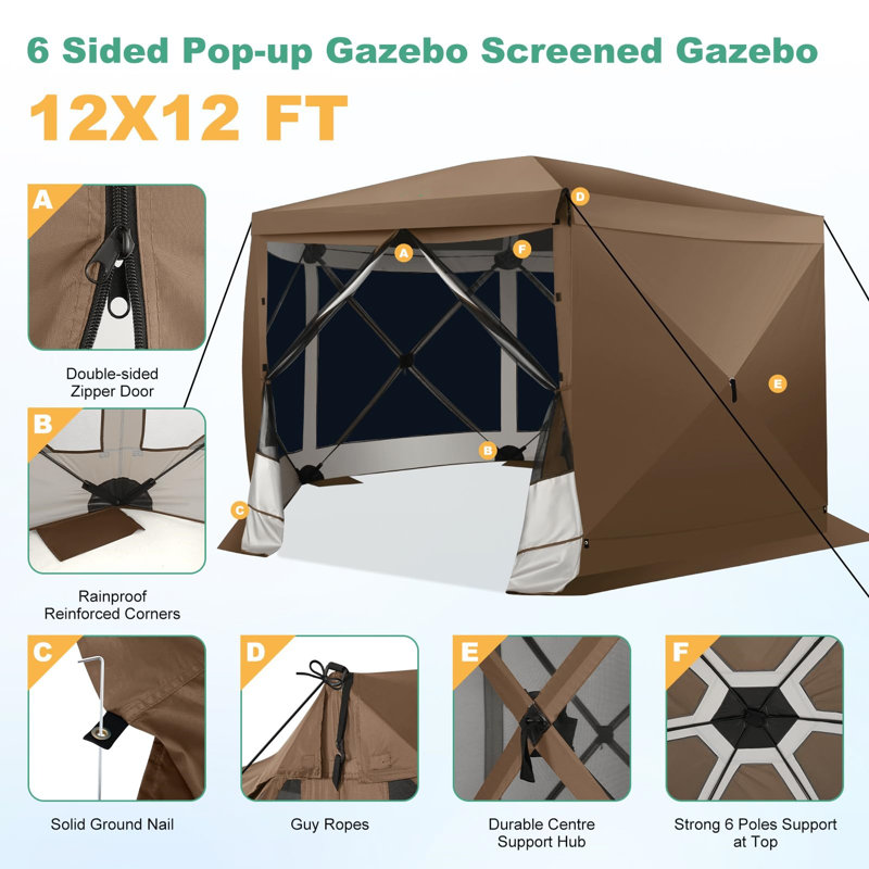 12x12 Pop Up Canopy Gazebo, Outdoor Canopy Tent Screen House with 6 sidewalls and Netting for Camping, Waterproof, UV Resistant, Ez Set-up Party Tent with Carrying Bag and Ground Stakes