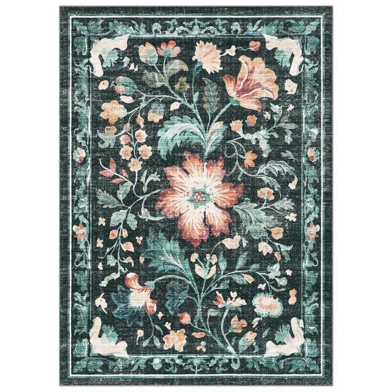 Washable Folding Floral Print Rug Washable Non - Slip Backing for Living Room Bedroom, Rectangle 10' x 13', Black