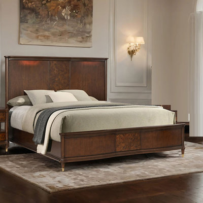 Transitional Style 1pc Eastern King Size Bed Dark Cherry Finish Panel Bedframe Gold-Capped Legs Bedroom Furniture Poplar Burl Veneer