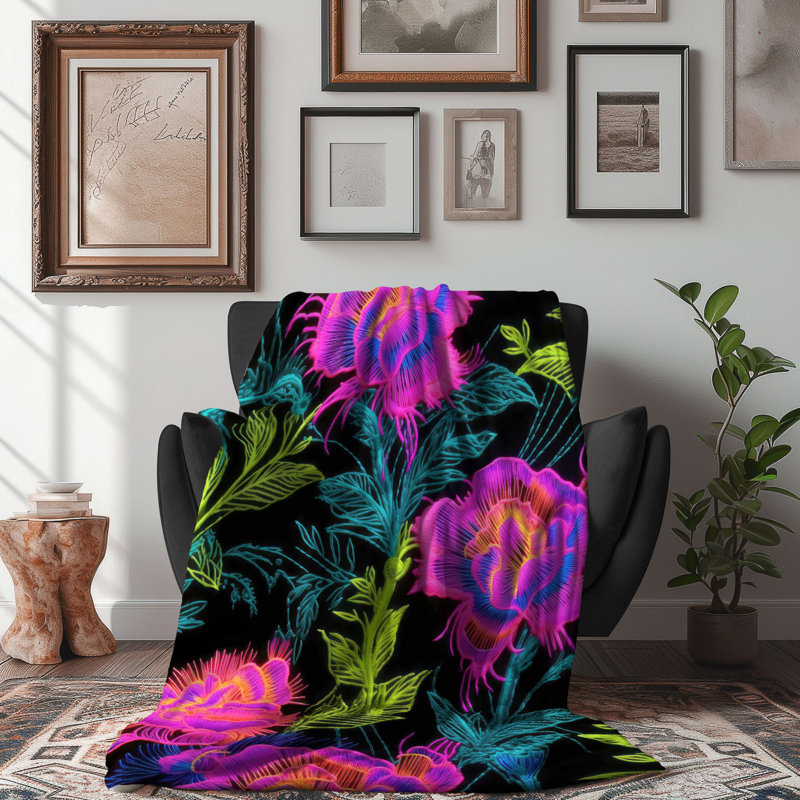 Neon Glow Floral Patterns - Jeté Sherpa de qualité supérieure 1 pièce, Grand lit