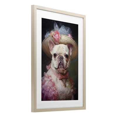 «Pink Victorian Frenchie», reproduction imprimée sous verre encadrée par Wumples