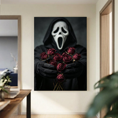 Masked Figure with Roses Cinematic Horror Canvas Wall Art, 24" x 36" Gallery Wrapped Canvas Print, Red & Black Halloween Wall Decor for Living Room, Home Theater & Bedroom