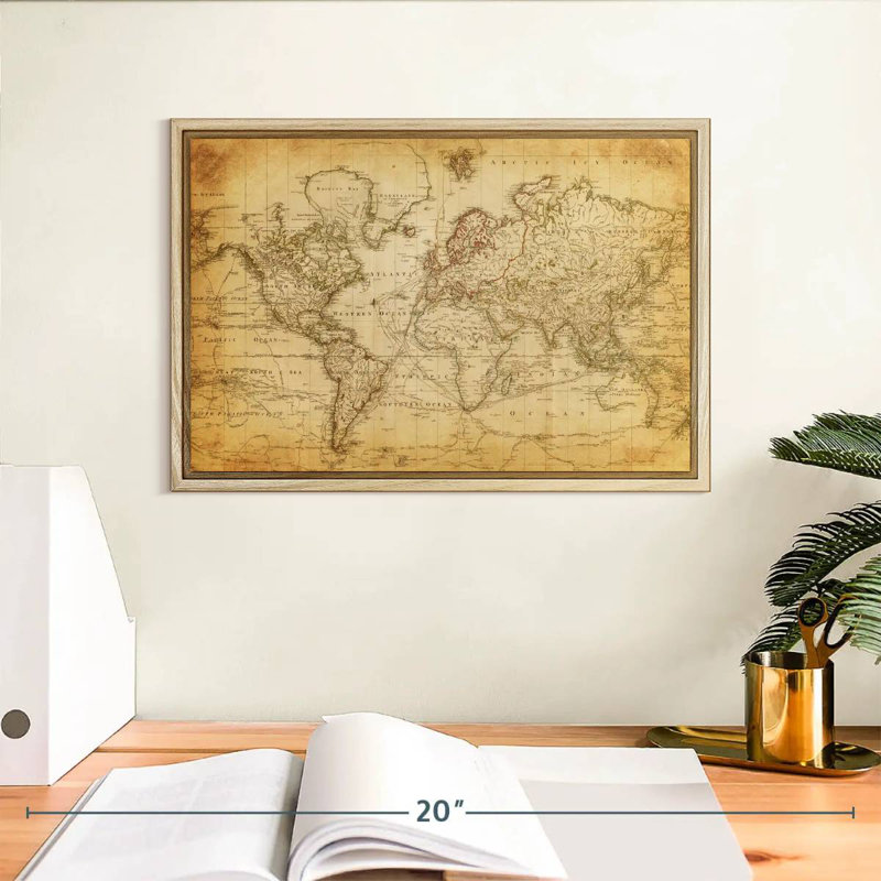 Carte du monde de l'Ancien siècle, 13 po x 9 po, Cadre flottant en bois naturel