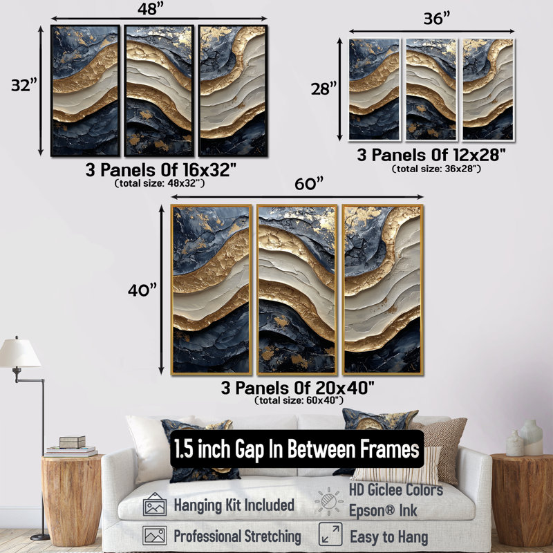 «Golden Eclipse On Marble Dancing Waves III», ensemble de 3 réalismes abstraites, H 32 po x l 48 po, Noir