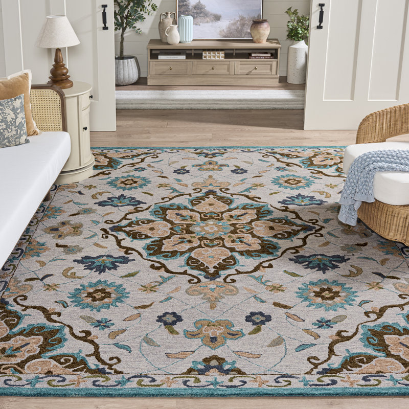 Tapis floral en coton touffeté à la main Kardell Blossom, Rectangle 8 pi x 10 pi