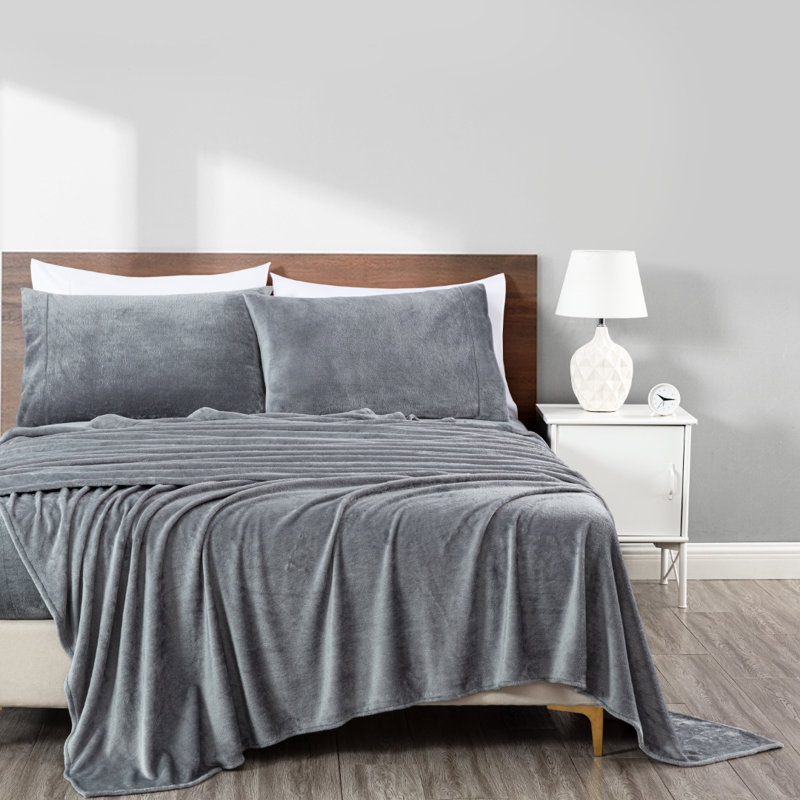 Soft Fleece Sheet Set, Full Sheet Set with 2 Pillowcases, Medium Gray