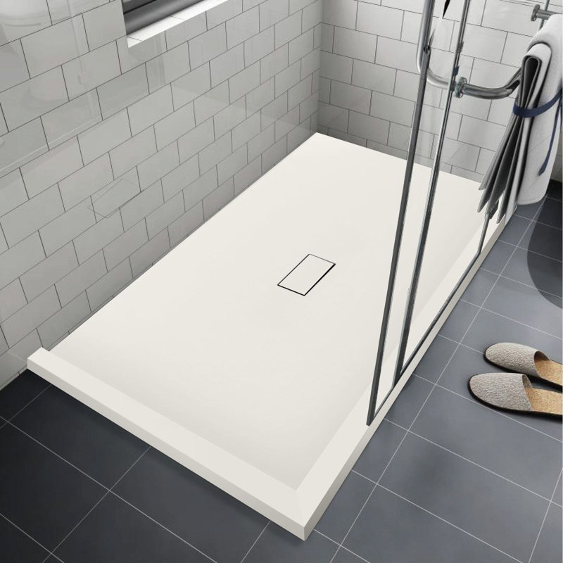 Transolid Trimslate 51-in x 40-in Shower Base with Adjustable Double Threshold and Center Drain, Cameo