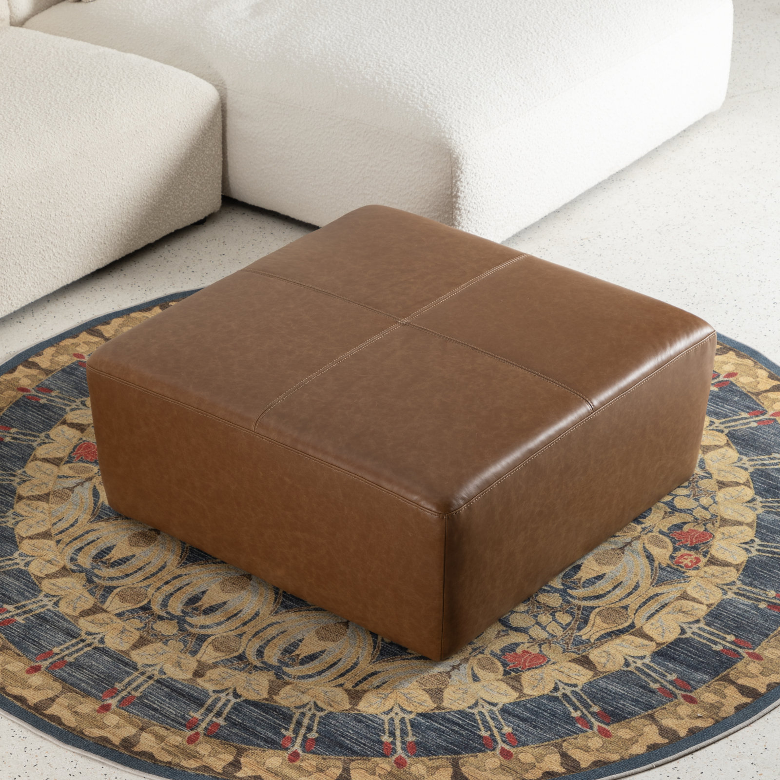 35" Genuine Leather Ottoman, Cognac Genuine Leather