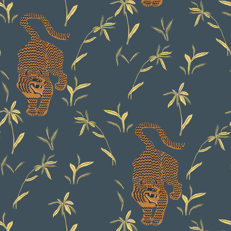 Nomad Stalking Tiger 10' L x 24" W Peel and Stick Wallpaper Tile, Dark Moss, Non-pasted