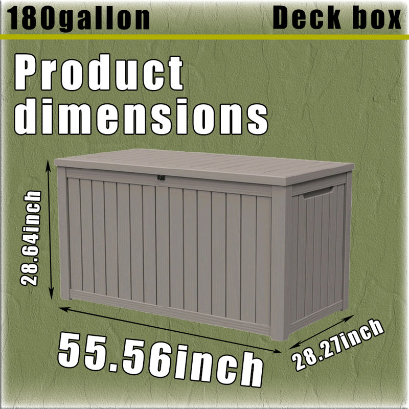 180 Gallon Patio Storage Chest, Waterproof Outdoor Bin with Wood Grain, Lockable Resin Deck Box for Garden Tools, Pool Accessories, Furniture Cushions and Kids’ Toys