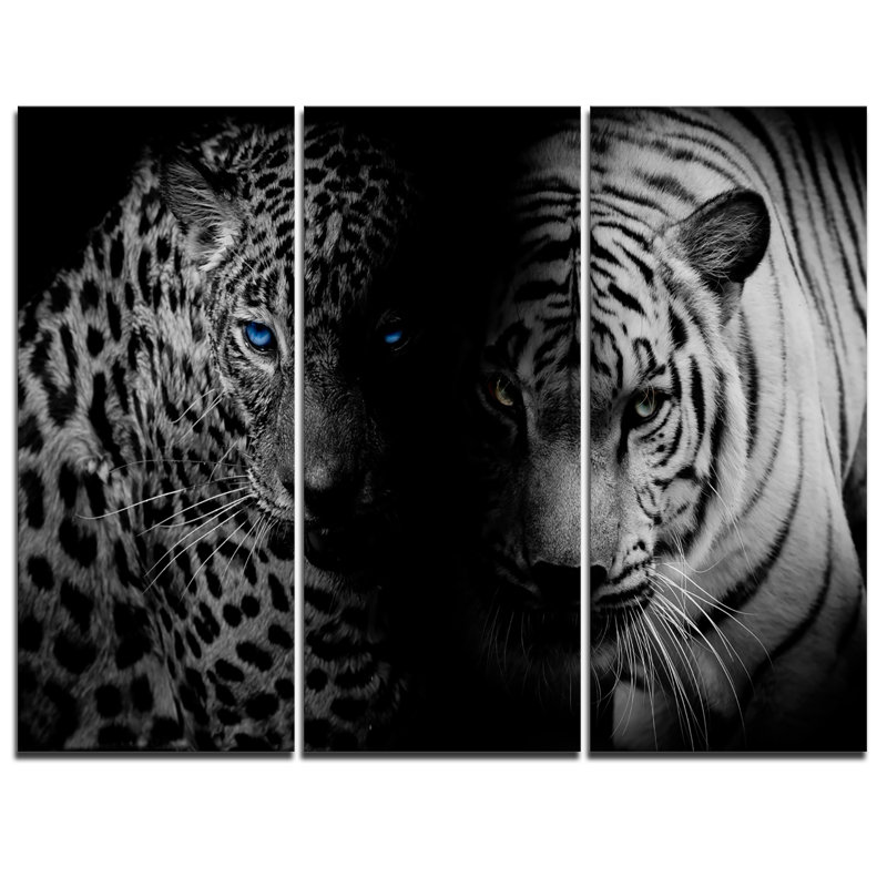 Leopard et tiger en noir-3 pièces, ensemble de 3 impressions sur toiles tendues