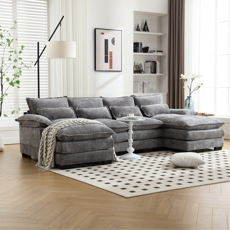 Confortable à quatre places en chenille, avec structure en bois massif et éponge élastique, Gris clair