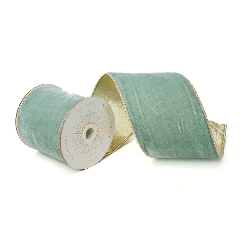 Vickerman 4"X10 Yds Velvet with Gold Trim/Backing Ribbon., Light Blue