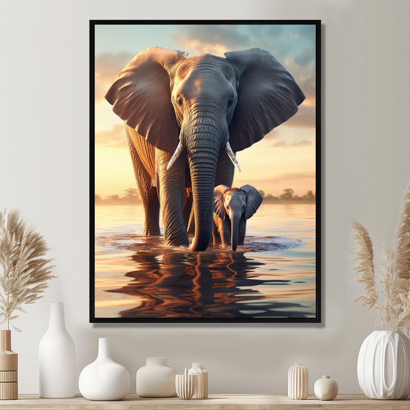 Portrait d'éléphant d'Afrique avec veau II - éléphant, art mural, Toile flottante noire encadrée, H 20 po x l 12 po