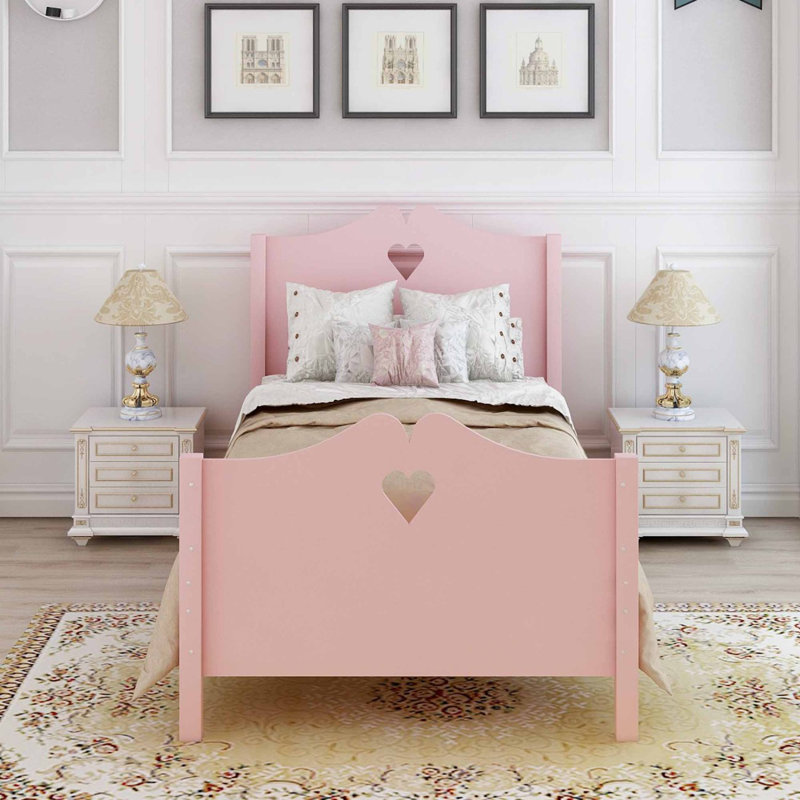 Lit plateforme simple en bois avec tête de lit, pied de lit et lattes de bois (rose)
