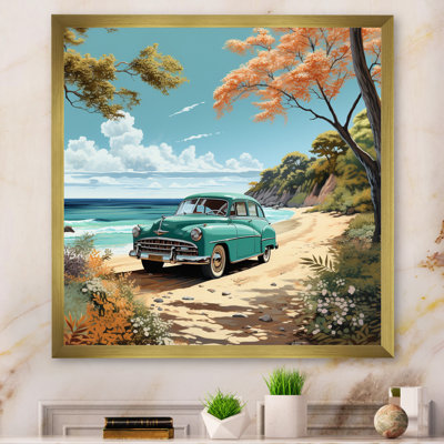 Vintage Oldtimer Classic Turquoise Car Beachside sur impression sur toile