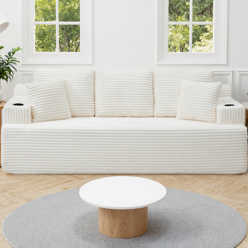 Canapé de 86,2 po sans nuage, canapé à 3 places avec porte-gobelet et poches latérales, canapé en velours côtelé moderne sans assemblage requis pour les petits espaces