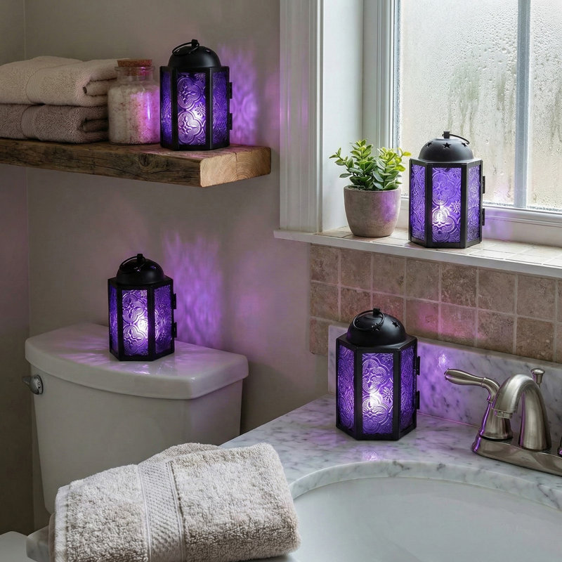 4.25" Mini Decorative Moroccan Candle Lantern Holders, Purple