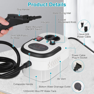 Nettoyeur à vapeur haute température multi-surfaces amélioré, 6 niveaux de vapeur réglables, grand réservoir d'eau de 1200 ml, machine portative de nettoyage à la vapeur portable avec accessoires complets pour le nettoyage intérieur de la maison et de la voiture