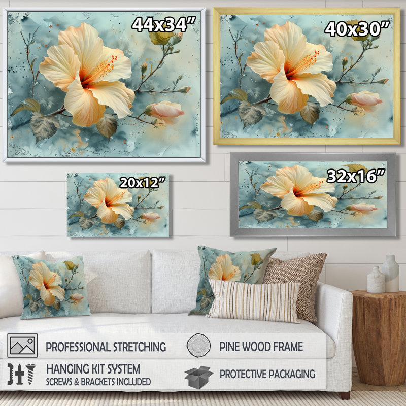 Hibiscus jaune et gris - Hibiscus, Toile avec cadre flottant or, H 12 po x l 20 po x P 1 po