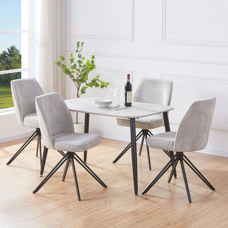 Aspen Rectangular Dining Table with 4 Swivel Upholstered Fabric Chairs - Modern Dining Set, Grey Oak, Light Grey