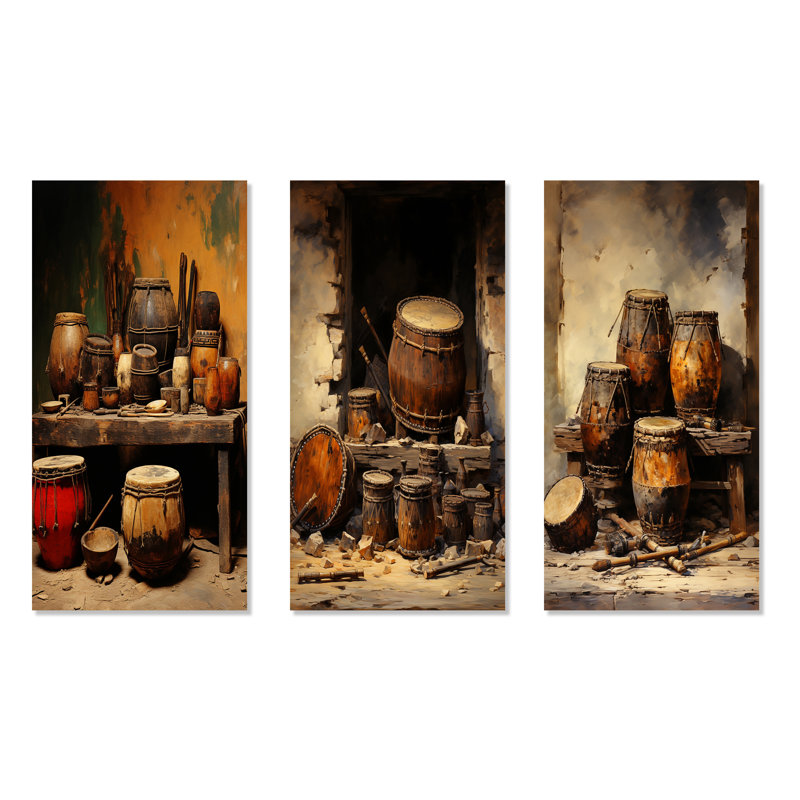 «Brown Music Drums», rythme rythmique - Ensemble de 3 impressions sur toile, Toile tendue, H 28 po x l 36 po