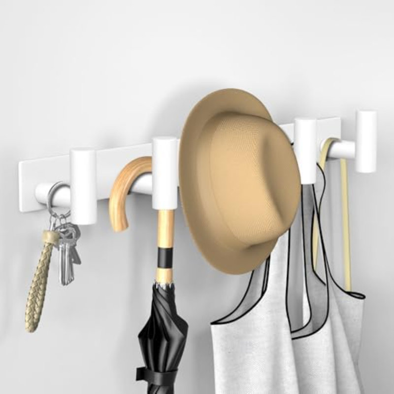 Support mural pour chapeau et manteau - Crochets pour robes, sacs, clés et serviettes - Organisateur de porte-serviettes de salle de bain (blanc, forme de «T», 5 crochets, paquet de 1)