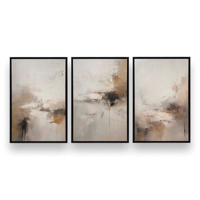 «Gentle Gilded Gust», ensemble de 3 impressions sur toile dans un cadre, Cadre flottant noir satiné