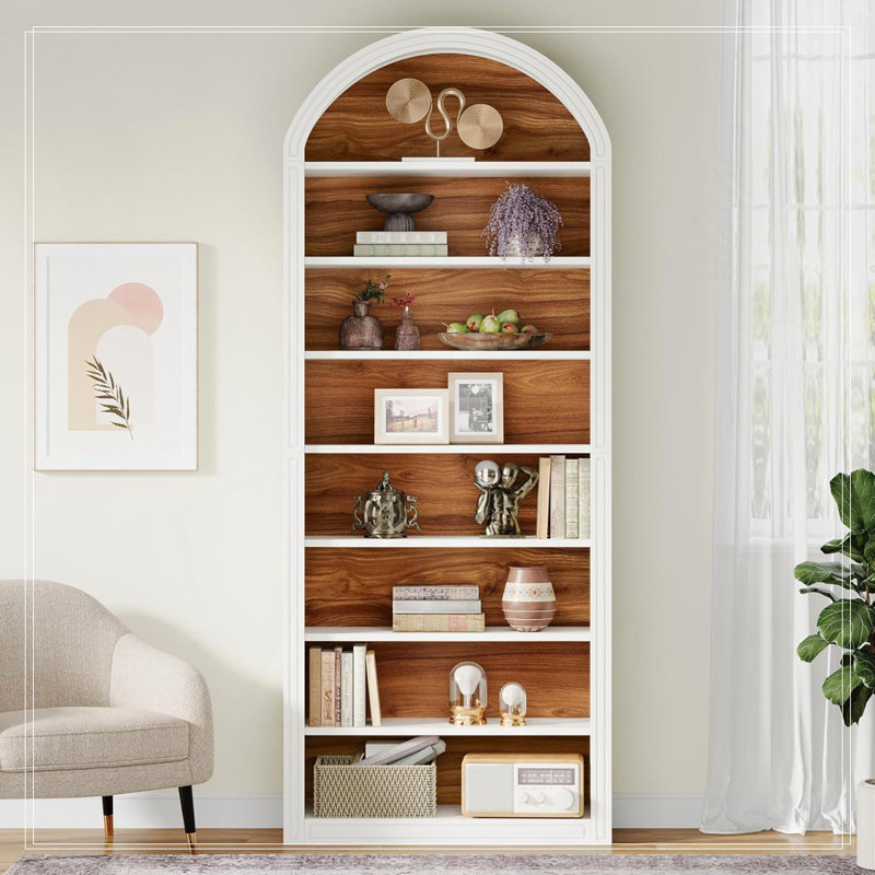 Tall Arched Bookcase, White, 8 Shelves (79.53" H x 31.5" W x 11.81" D)