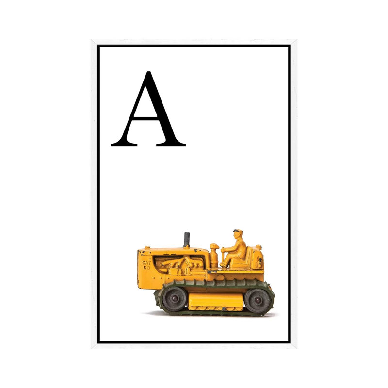 A Bulldozer Yellow White Letter - Print on Canvas, 66.04 cm H x 45.72 cm W, White Framed