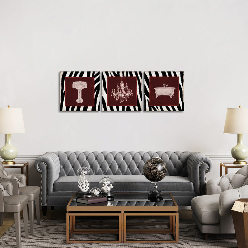 Crimson Safari Bath Triptych - ensemble d'art mural sur toile tendue (ensemble de 3)
