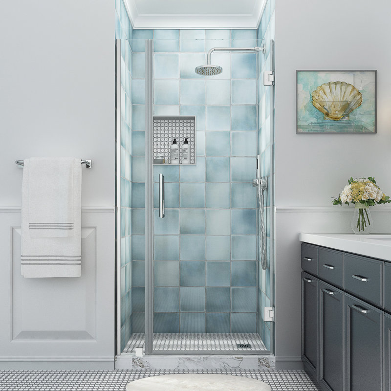 Belmore XL 42.25 - 43.25 in. x 80 in. Frameless Hinged Shower Door with Ultra-Bright Glass, Chrome, Clear Glass